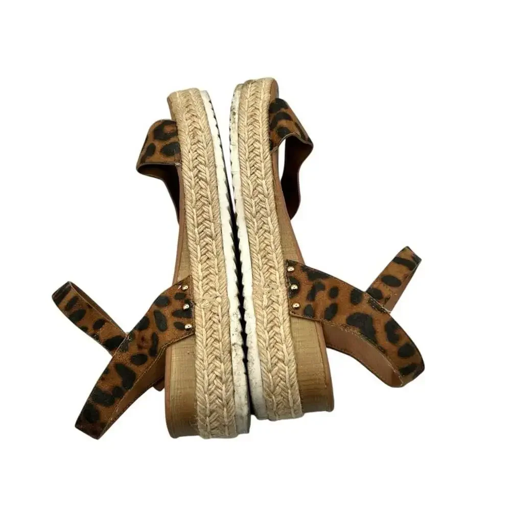 Cushionaire Leopard Print Espadrille Platform Sandals Ankle Strap Wedge Size 11M